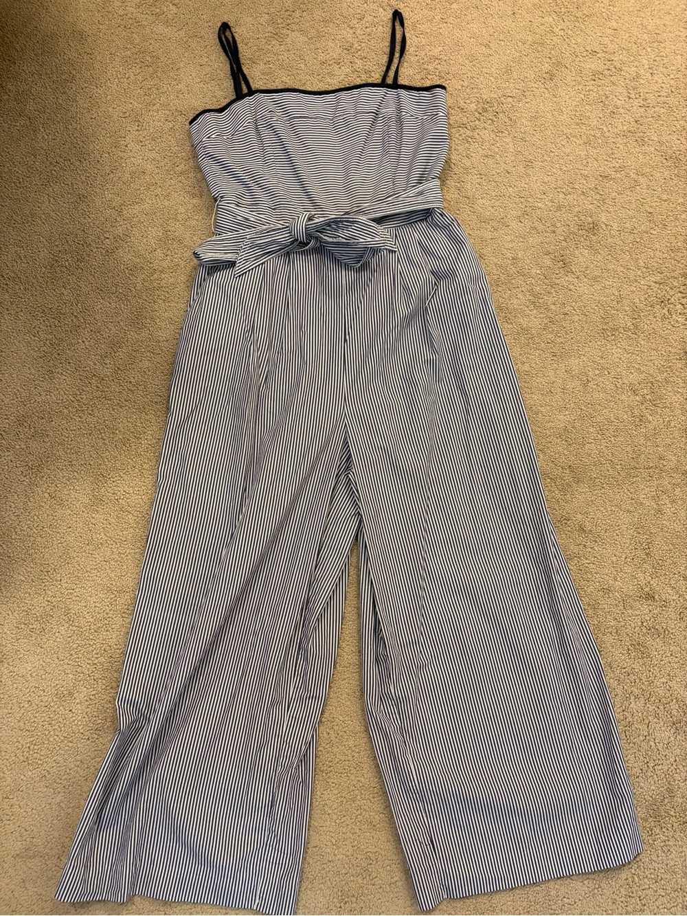 J. Crew Navy and White Striped Wide-Leg Jumpsuit with Tie Belt